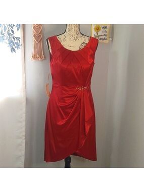 NWT Symphony By Venus Dress Size 10 Red Satin, Waist Detail High Low Hem